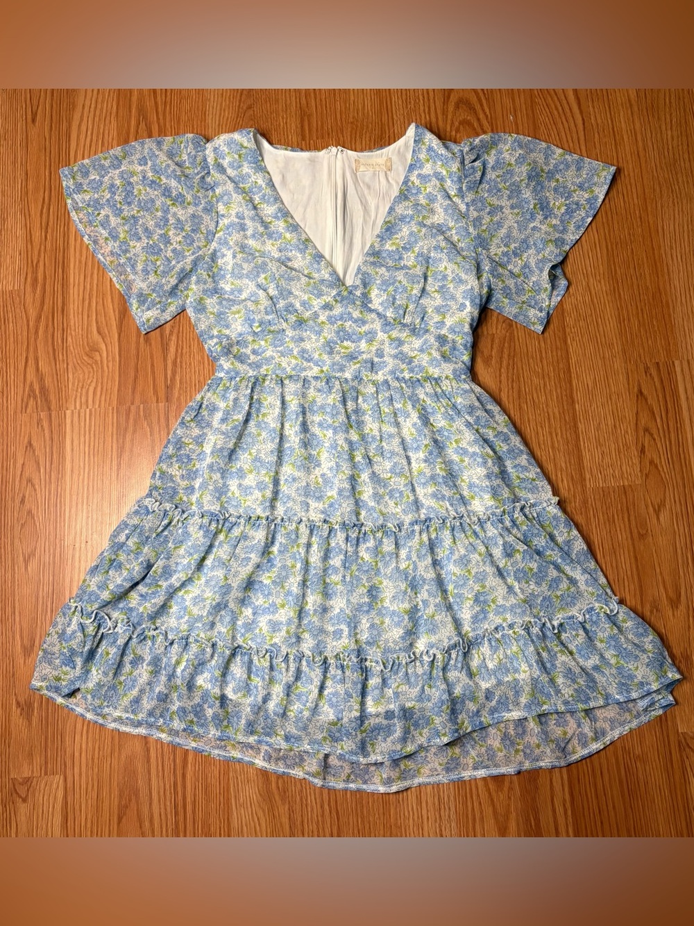 Altar'd State Light Blue Floral V-Neck Tiered Mini Dress - Picture 3 of 11